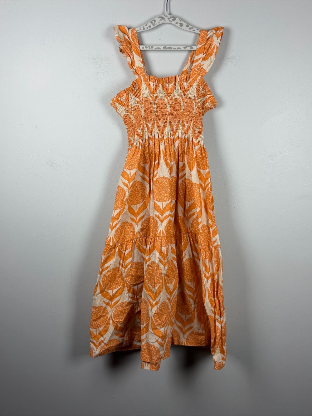 Tea Collection Orange Floral Linen Blend Smocked Maxi Tank Dress Girls Size 7